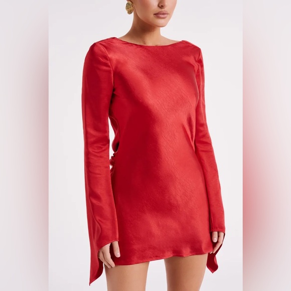 MESHKI Davina Red Satin Long Sleeve Open Back Mini Dress Small NWT - Picture 5 of 15